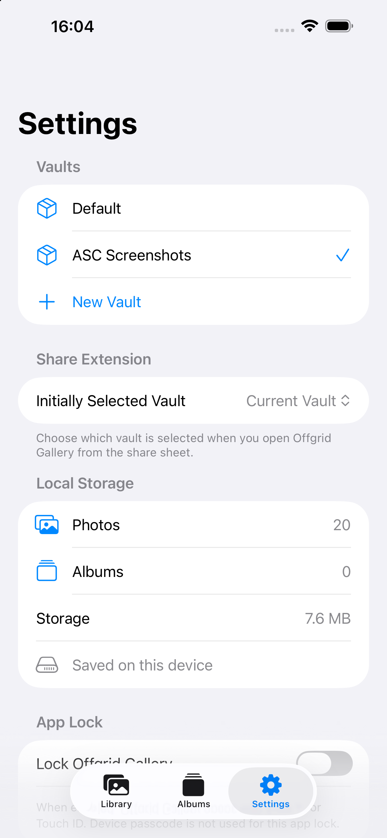 Offgrid Gallery settings screen