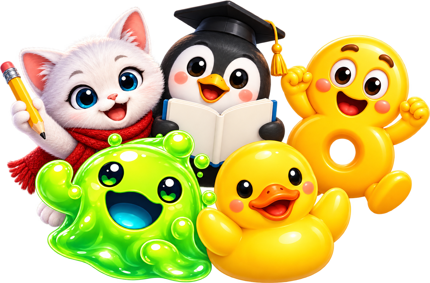 The apps' mascots together: a kitten in a red scarf holding a pencil, a penguin in a graduation cap reading a book, a cheering number eight, a green slime and a rubber duck.